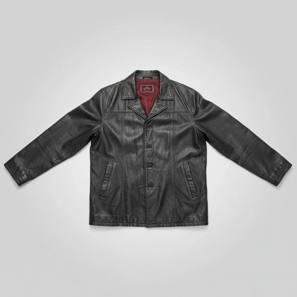 Haband Executive Division Mens Black Patchwork Genuine Leather Car Coat Jacket L